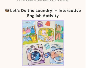 Puede incluir: Actividad interactiva imprimible "Let's Do the Laundry!" con ilustraciones coloridas de artículos de lavandería, lavadoras y tendederos. El texto "Ecem Teacher" está en la parte superior. Diseñado para clases de inglés, es una actividad práctica.