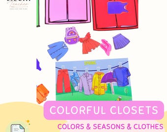 Op de afbeelding: Een digitale download knutselactiviteit met kleurrijke kasten, kledingstukken zoals een blauw overhemd, rode jurk, paarse rok en een lentetafereel met een rode broek, blauwe sneakers, paars overhemd, gele regenjas, paraplu en blauw t-shirt.