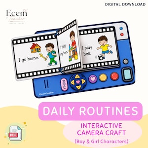 May include: A blue interactive camera craft featuring a film strip display with illustrated cards showing daily routines. The cards include text: I go home, I tidy my toys, and I play ball. The camera base has a menu button, directional pad, and colored circular buttons.