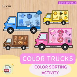 Puede incluir: Una actividad de clasificación de colores en descarga digital con cuatro camiones de dibujos animados en azul, amarillo, marrón y rosa. Cada camión muestra varios objetos que coinciden con su color, incluyendo un pez, una abeja y un oso.