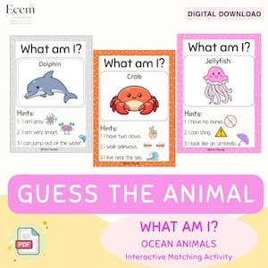 Könnte beinhalten: Drei Lernkarten mit der Überschrift What am I? und Illustrationen eines grauen Delfins, einer roten Krabbe und einer rosa Qualle. Jede Karte enthält drei nummerierte Hinweise mit kleinen Symbolen und den Text Ecem.Teacher unten.