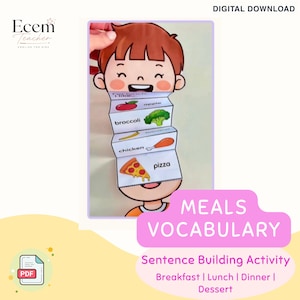 Attività di costruzione di frasi sui pasti / Colazione, pranzo, cena, dessert / Attività stampabile di inglese ESL per bambini