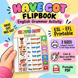 以下が含まれることがあります： 英語文法学習用教材「Have Got Flipbook」の印刷可能なPDF。この教育用チャートには、子供や動物のカラフルなイラストが、英語の代名詞や動詞のフレーズ、および様々な記号と共に記載されています。