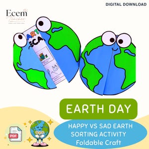 Può includere: Due creazioni in carta circolari a forma di Terra con grandi occhi mobili. Una Terra è chiusa, l'altra è aperta per rivelare una striscia verticale con il testo "EARTH" e "PLASTICS" insieme a illustrazioni di rifiuti e riciclaggio.