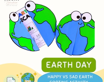 May include: Two circular paper crafts shaped like the Earth with large googly eyes. One Earth is closed, and the other is open to reveal a vertical strip with the text "EARTH" and "PLASTICS" alongside illustrations of trash and recycling.