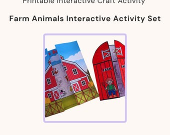 Puede incluir: Juego de actividades de manualidades interactivas imprimibles con temática de granja. La imagen muestra un granero rojo con un granjero y animales de granja. El texto dice "Ecem Teacher" y "Farm Animals Interactive Activity Set".