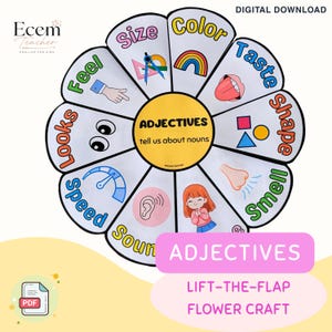 Puede incluir: Una manualidad educativa en forma de flor con un círculo central amarillo etiquetado como ADJECTIVES tell us about nouns. Los pétalos presentan ilustraciones coloridas y texto para size, color, taste, shape, smell, sound, speed, looks y feel.
