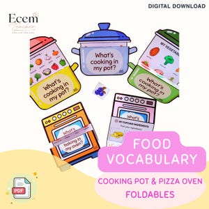 Puede incluir: Un conjunto de materiales educativos plegables de papel con ilustraciones coloridas de ollas y hornos con el texto What's cooking in my pot? y What's baking in my oven?, junto con varios iconos de ingredientes alimentarios para aprender vocabulario.