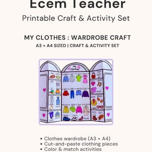 以下が含まれることがあります： 「Ecem Teacher」の印刷可能なクラフト＆アクティビティセット。ワードローブクラフトが特徴で、服のイラストが描かれています。切り貼りする服のパーツと、色の組み合わせアクティビティが含まれています。「My Clothes」の文字が見えます。