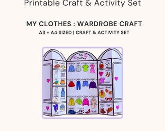 Puede incluir: Un juego imprimible de manualidades y actividades de "Ecem Teacher" con una manualidad de armario. Incluye piezas de ropa para recortar y pegar y actividades de combinación de colores. El texto "My Clothes" es visible.