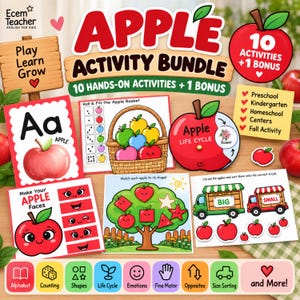 May include: An Apple Activity Bundle educational set featuring 10 hands-on activities and 1 bonus. Includes worksheets with apple-themed counting, shape matching, life cycle diagrams, face building, and size sorting tasks for preschool and kindergarten.