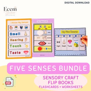 May include: A digital download bundle featuring educational materials about the five senses. It includes a yellow I Know My Senses chart, a purple 5 Senses Craft sheet with tactile elements, and a blue My Five Senses flip book with interactive tabs.