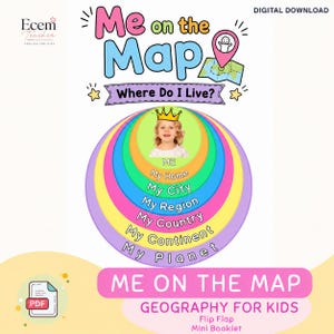 Può includere: Un download digitale educativo intitolato Me on the Map Where Do I Live? con un diagramma a cerchi concentrici colorati. Al centro, un bambino con una corona, circondato da strati etichettati Me, My Home, My City, My Region, My Country, My Continent e My Planet. Il testo in basso recita Me on the Map Geography for Kids Flip Flap Mini Booklet.