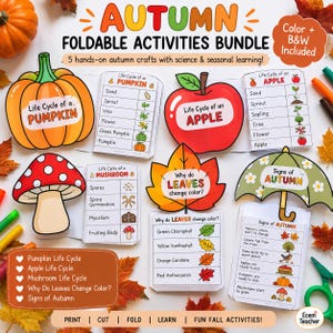 Peut inclure: Un ensemble d'activités pliables sur le thème de l'automne comprenant cinq bricolages éducatifs. Le kit inclut des fiches sur le cycle de vie des citrouilles, pommes et champignons, ainsi que des explications sur les feuilles et l'automne.