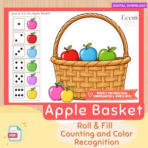 Puede incluir: Una hoja de trabajo educativa descargable titulada Roll & Fill the Apple Basket. Incluye una columna con seis patrones de dados junto a manzanas de colores y una gran ilustración de una cesta de mimbre con manzanas rojas, azules y verdes.