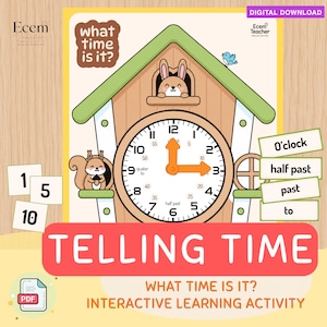 Può includere: Un foglio di attività didattica digitale intitolato Telling Time con un'illustrazione di un orologio a cucù con un coniglio, uno scoiattolo e un uccellino blu. Il quadrante mostra numeri e minuti, accompagnato da schede con etichette di testo.