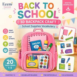 以下が含まれることがあります： Back to School 3D Backpack Craftというタイトルのデジタルクラフトキット。ピンクのバックパックのイラストに、ノート、英語の本、スティックのり、マーカー、クレヨン、絵の具セットなどの学用品が描かれており、20枚のタスクカードが含まれています。