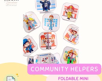 Op de afbeelding: Een set van printbare, opvouwbare mini-boekjes van papier met illustraties van beroepen zoals een politieagent, brandweerman, arts, bakker, postbode, bouwvakker, astronaut en tuinman, elk voorzien van bijbehorende tekstlabels.