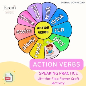 Pode incluir: Um gráfico educativo em forma de flor com o título ACTION VERBS no centro. Cada pétala exibe um verbo diferente: jump, walk, drink, run, play, read, sleep, swim e dance. Uma pétala levanta-se para revelar a ilustração de uma criança a escrever.