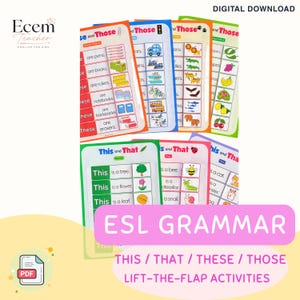 Può includere: Un set di tabelle grammaticali educative per bambini con attività a finestrelle. Le tabelle mostrano illustrazioni colorate di oggetti scolastici, veicoli, animali e cibo, abbinate a frasi di testo come This is e These are.