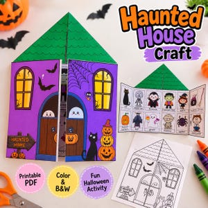 Può includere: Un kit per il fai da te Haunted House Craft in carta con una casa viola, tetto verde, finestre gialle e personaggi di Halloween. Include una griglia di personaggi, una pagina da colorare e il testo Haunted House Craft.