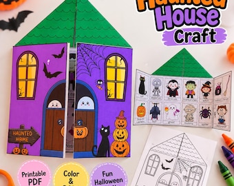 May include: A paper Haunted House Craft kit featuring a purple house with a green roof, yellow windows, and Halloween characters. Includes a character grid, a black and white coloring page, and text reading Haunted House Craft.