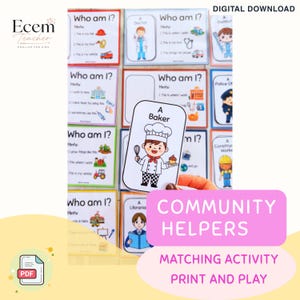 Puede incluir: Un conjunto de tarjetas educativas tituladas Who am I? con ilustraciones coloridas de trabajadores comunitarios como un panadero, un médico y un dentista. Cada tarjeta incluye un personaje, una lista de pistas y el título del trabajo correspondiente.