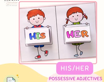 Op de afbeelding: Een digitale download voor een grammaticaknutselwerkje met twee stripfiguren. Eén figuur houdt een bordje vast met het woord HIS in kleurrijke letters, de andere met het woord HER in kleurrijke letters. De tekst luidt HIS/HER POSSESSIVE ADJECTIVES GRAMMAR CRAFT.