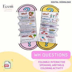 Puede incluir: Dos folletos de papel plegables en acordeón para aprender preguntas en inglés con WH. El lado izquierdo presenta ejercicios para completar espacios en blanco, mientras que el derecho ofrece definiciones con ilustraciones coloridas y encabezados.