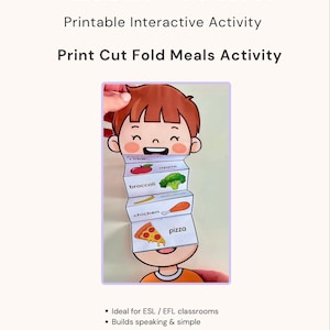 Puede incluir: Actividad interactiva imprimible "Ecem Teacher" que muestra a un niño de dibujos animados sosteniendo un papel plegado con ilustraciones de alimentos y etiquetas como "manzana", "brócoli", "pollo" y "pizza". Diseñado para clases de inglés.