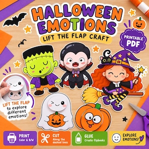 May include: A Halloween Emotions lift-the-flap craft printable PDF featuring cartoon characters including a green monster, a vampire, a witch on a broomstick, a ghost holding a pumpkin, and a jack-o'-lantern with instructions to print, cut, and glue.