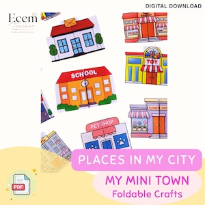 Puede incluir: Una colección de plantillas de manualidades en papel, coloridas e imprimibles, que presentan varios edificios de la ciudad, como una escuela, panadería, juguetería, floristería y tienda de mascotas. Cada diseño de edificio es plegable y muestra etiquetas claras.