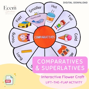 Può includere: Un lavoretto educativo a forma di fiore con un cerchio centrale arancione etichettato COMPARATIVES. I petali bianchi presentano illustrazioni e testo tra cui Fast, Smaller, Small, Hot, Tall, Cold, Large, Long e Young. Un banner rosa recita COMPARATIVES & SUPERLATIVES.