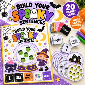 以下が含まれることがあります： Build Your Spooky Sentences学習セット。クリスタルボール、魔女、大釜が描かれた大きなポスター、20枚の丸い絵カード、black、eight、magic wandsなどのテキストが書かれた正方形の単語カードが含まれています。