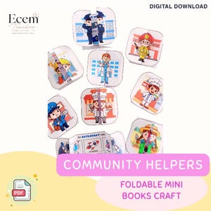 Puede incluir: Un conjunto de mini libros plegables imprimibles con ilustraciones de dibujos animados de trabajadores comunitarios como un policía, bombero, médico, chef, cartero, astronauta y jardinero, con el texto "COMMUNITY HELPERS" y "DIGITAL DOWNLOAD".
