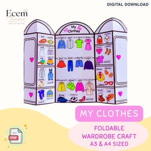 Op de afbeelding: Een driedelig opvouwbaar papieren kledingkast-knutselwerk getiteld My Clothes met kleurrijke illustraties van diverse kledingstukken en accessoires met labels zoals riem, horloge, vest, overhemd, jurk, rok, jeans, korte broek, jas, schoenen en sneakers.