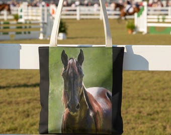 Horses: a love that lasts -Original art horse tote bag for horse lovers, and country-western themes. Roomy for shopping and groceries