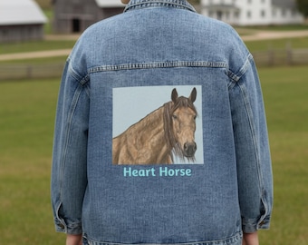 Horse Womens Denim Jean Jacket, Buckskin Horse Painting on back "Heart Horse". Personalize it!  Western Oversized Ladies Horse Art Coat
