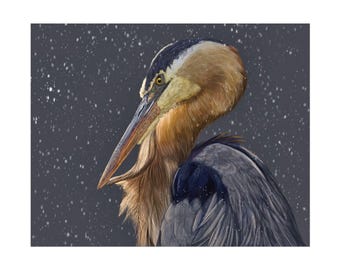 Great Blue Heron Art Print on Watercolor Paper |  Bird Wall Decor | Winter Heron Nature Artwork | Wildlife Home Decor | Bird Art Print