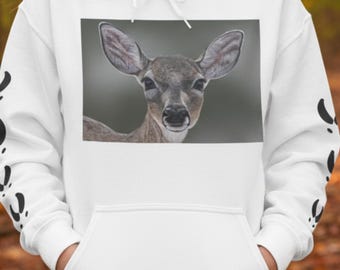 Deer art pullover hoodie sweatshirt for hunters, wildlife lovers, nature lovers, hikers, and hunters. Doe hoofprints on sleeves and back.
