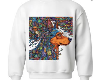 Puede incluir: Sudadera blanca con un gráfico colorido del perfil de un perro. El pelaje del perro es una mezcla de naranja, azul y verde, con detalles intrincados. El diseño incluye varios objetos y patrones, creando un aspecto vibrante y artístico.