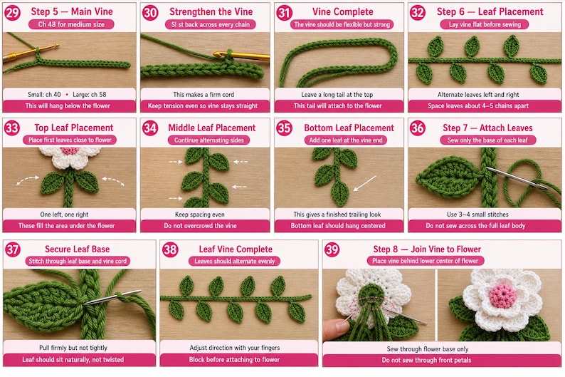 May include: A step-by-step guide to crocheting a flower with leaves. The instructions are displayed in a series of images, showing the process from the main vine to leaf placement and joining the vine to the flower. The text includes stitch counts.