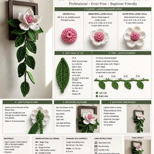 May include: A handmade 3D flower wall hanging featuring a pink and white crocheted flower with green leaves, mounted in a wooden frame. The finished size is approximately 16-18 inches in length and 4.5-6 inches in width. The text on the image says "3D Flower Wall Hanging".