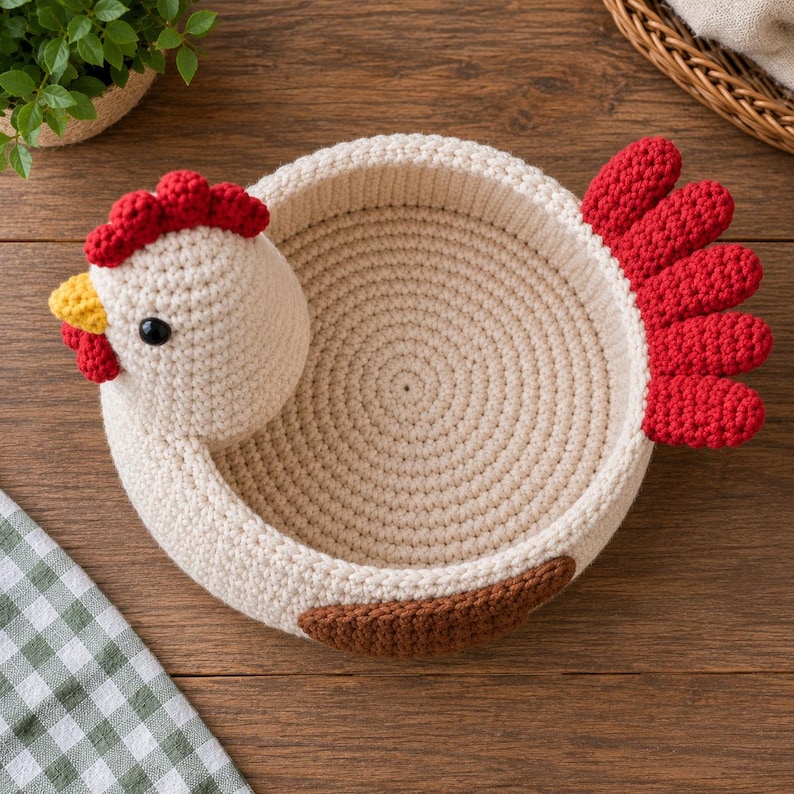 Puede incluir: Una cesta de ganchillo hecha a mano con forma de gallina. La cesta es de color blanco roto con cresta y plumas de cola rojas, un pico amarillo y un acento marr&oacute;n. La cesta circular presenta un patr&oacute;n en espiral.