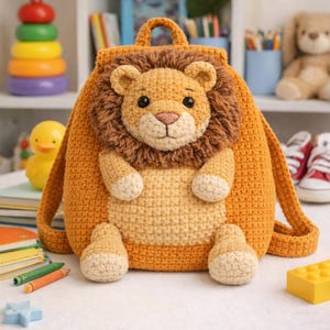 Könnte beinhalten: Ein gehäkelter Rucksack in Orange- und Beigetönen mit einem Löwen-Design. Der Löwe hat eine braune Mähne, eine rosa Nase und beige Pfoten. Der Rucksack hat verstellbare Träger und einen oberen Griff, ideal für Bücher und Spielzeug.