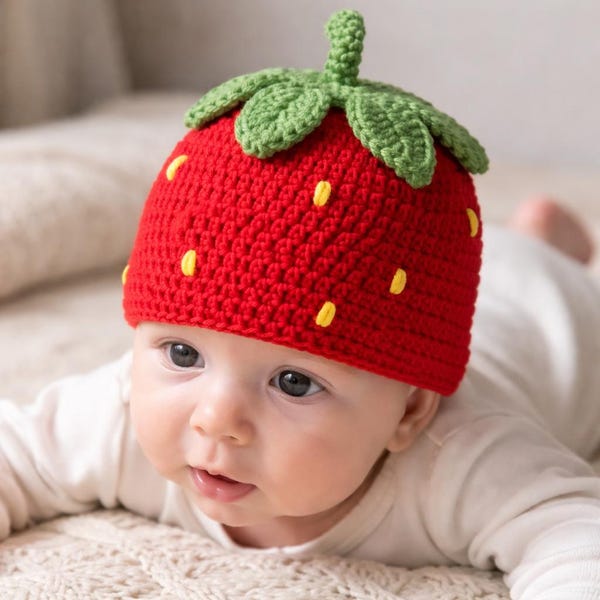 Gorro de bebê de morango em crochê: padrão em PDF para iniciantes