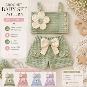 Op de afbeelding: Een haakpatroon voor een baby set in saliegroen, met een top met bloemapplicatie en een short met strik. De afbeelding toont de tekst "CROCHET BABY SET PATTERN" en "TOP + SHORTS". Extra kleurencombinaties worden getoond.