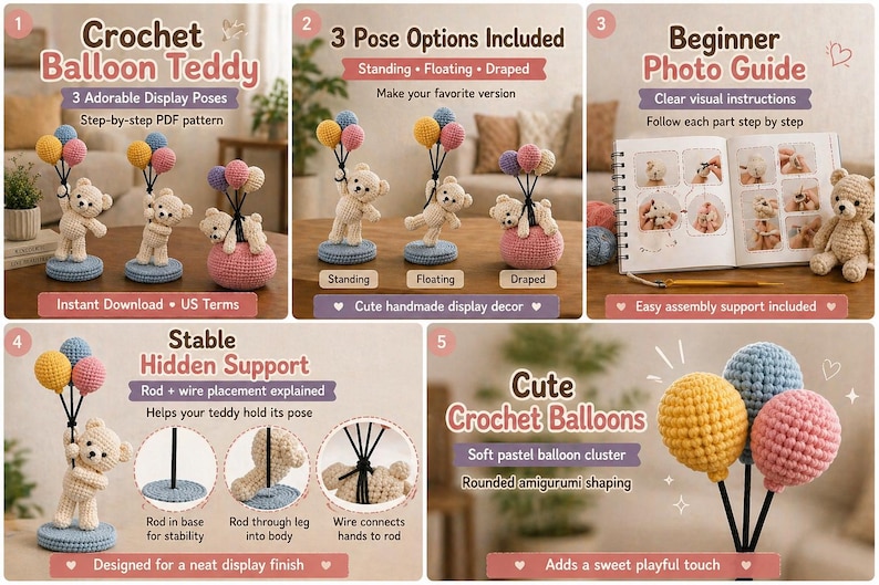 Virkad nallebjörn med ballongermönster: Amigurumi PDF, 3 poser bild 3