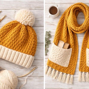 May include: Mustard yellow knitted hat with a cream-colored pom-pom and a cream-colored brim. A matching mustard yellow scarf with cream-colored pockets and tassels. Yarn and crochet tools are also visible.