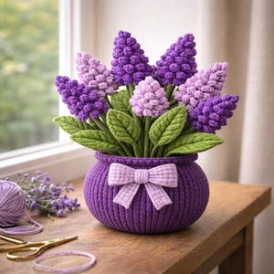 May include: A handmade crochet floral display in a purple pot with a bow. The arrangement features purple and lilac flowers with green leaves. The pot is on a wooden surface near a window.